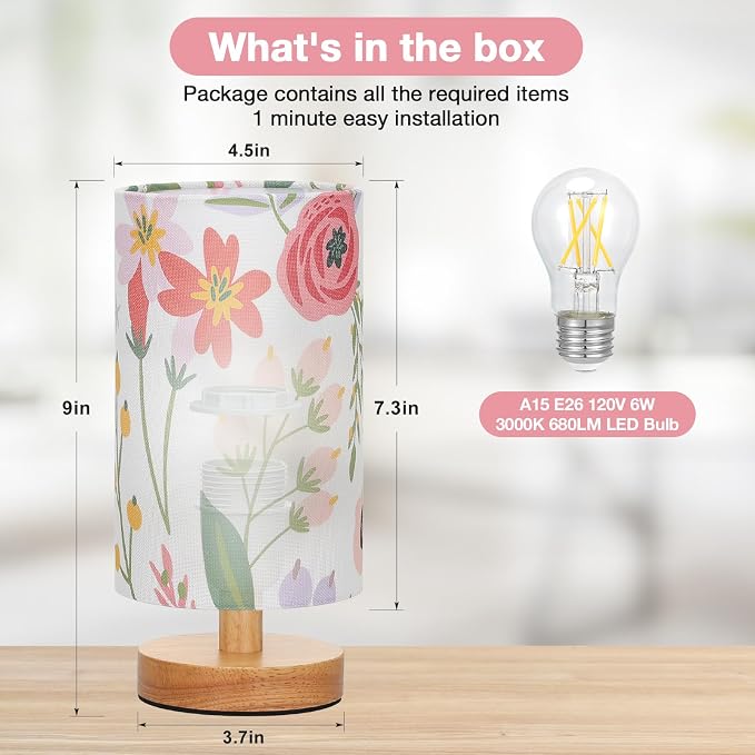 Fenmzee Small Table Lamps (Floral White Shade, 9" Inline Control) | 3000K LED Blub Included | 680 Lumens | Easy Assembly | Minimalist Design | E26 | for Kitchen | for Kids Room