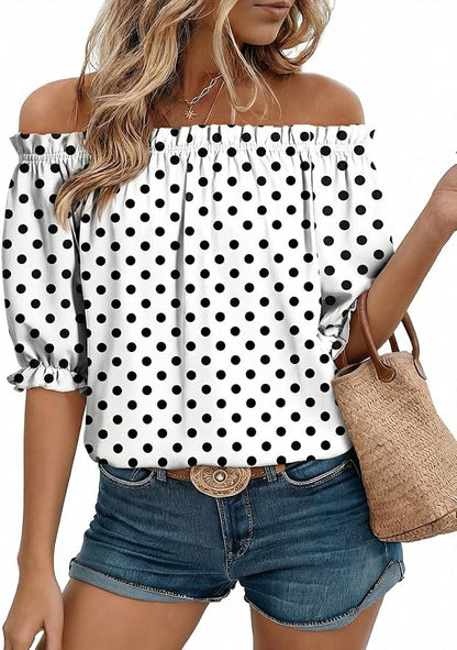 EVALESS Womens Tops Off The Shoulder Blouses for Women Dressy Casual Cute Puff Sleeve T Shirts Fashion 2026