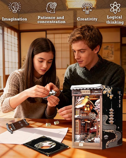 CUTEBEE Book Nook Kit - Japanese Style DIY Miniature Winter House, LED Light Bookshelf Decor Alley Dollhouse for Adults Teens, Gifts for Family (Kyoto Snow Whisper)