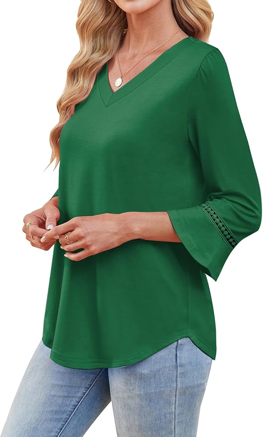 WIHOLL Womens Blouses Dressy Casual 3/4 Length Sleeve Tops Lace Trendy 2026 Spring Summer V Neck Shirts Vacation Outfits