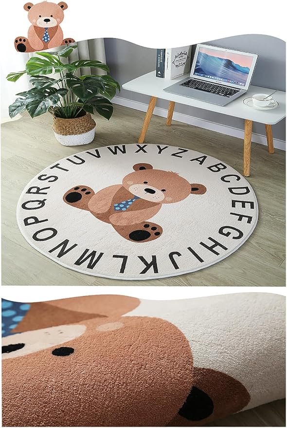 ABC Round Rug for Kids Warm and Soft Alphabet Nursery Animal Area Rugs Fun Rugs for Play Rooms Non-Slip Mats Crawling Mats Decorative Rugs for Bedrooms Living Rooms (Bear, 39in)