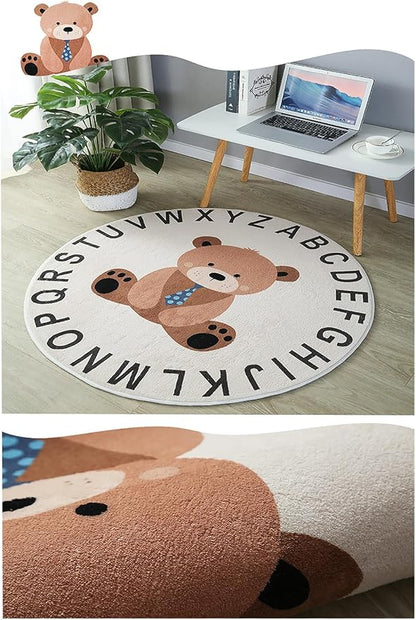ABC Round Rug for Kids Warm and Soft Alphabet Nursery Animal Area Rugs Fun Rugs for Play Rooms Non-Slip Mats Crawling Mats Decorative Rugs for Bedrooms Living Rooms (Bear, 39in)