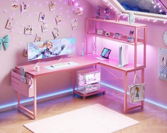 ODK 53" L Shaped Gaming Desk with Shelves, LED & Outlets, Pink | Headset hook. Storage bag. Shelves for makeup & gaming gear. LED for late-night gaming. Reversible. Fits dual monitors.