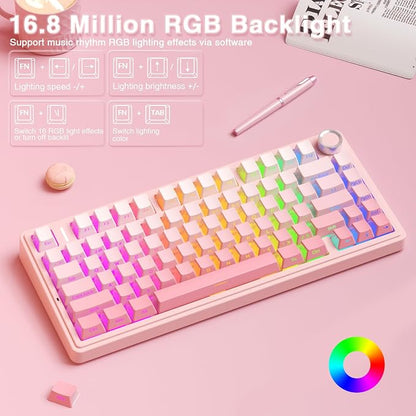 AULA F75 Pro Wireless Mechanical Keyboard Silent Version,75% Hot Swappable Custom Keyboard with Knob,RGB Backlit,Pre-lubed Switches,Side Printed PBT Keycaps,2.4GHz/USB-C/BT5.0 PC Gaming Keyboards,Pink