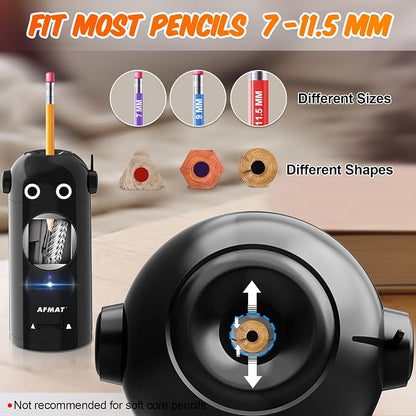 AFMAT Electric Pencil Sharpener for Colored Pencils 7-11.5mm, Fully Automatic Robot Pencil Sharpener, Auto in & Out, Rechargeable Hands-Free for Classroom/Home/Office, Battery Operated, PSX5RB, Black