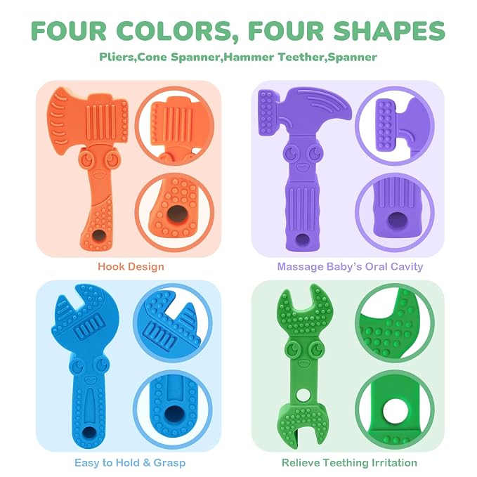 TYRY.HU Baby Teething Toys for Babies, Baby Teether Toys, BPA Free Silicone Baby Molar Teether Chew Toys, Hammer Wrench Spanner Pliers for Boys Girls, Soft-Textured, Easy to Hold & Clean, 4 Packs