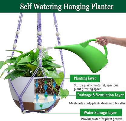 2 Pack Hanging Planters Set,10 Inch Indoor Outdoor Hanging Plant Pot Basket,Hanging Flower Pot with Drainage Hole with 3 Hooks for Garden Home(Purple Hanger White Planters)