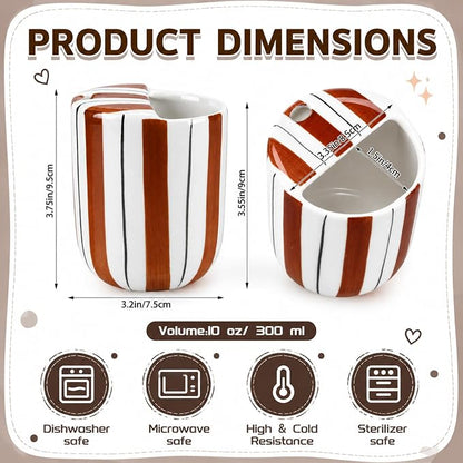 1 Pcs Ceramic Mug with Sip Hole 10 oz Novelty Brown Black Striped Coffee Mug Hand Painted Ceramic Cup Heat Resistant Non Slip Built in One Lid Handcraft Mugs for Coffee Lovers Gift