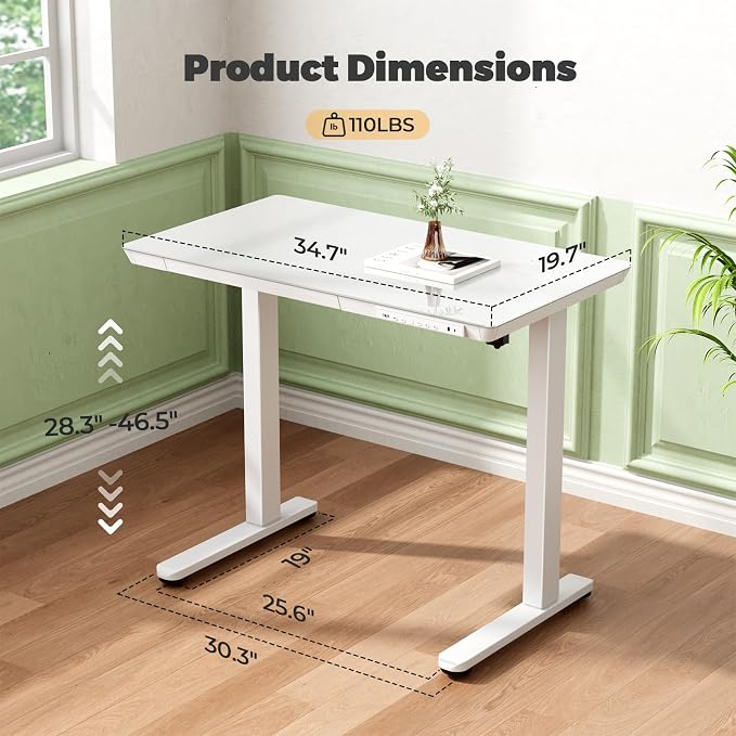 35" Electric Standing Desk with Drawer, One-Piece Glass Top | Quick Install One-Piece Tabletop with USB Charging Ports, Sit Stand Computer Desk with Wheels for Small Space, White