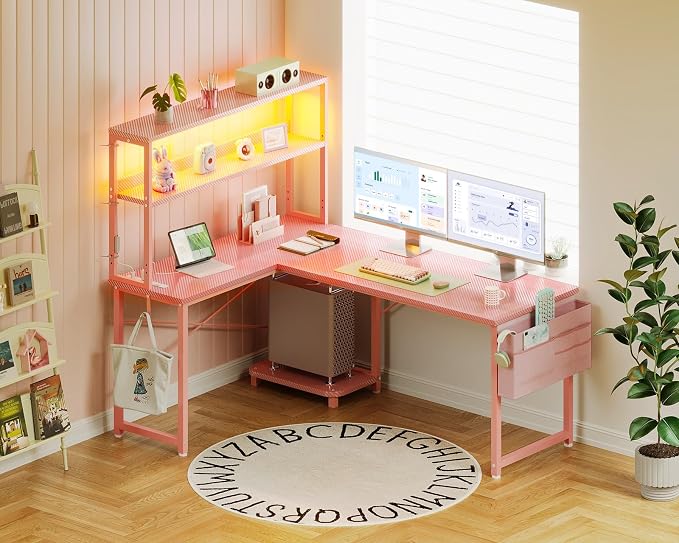 ODK 53" L Shaped Gaming Desk with Shelves, LED & Outlets, Pink | Headset hook. Storage bag. Shelves for makeup & gaming gear. LED for late-night gaming. Reversible. Fits dual monitors.