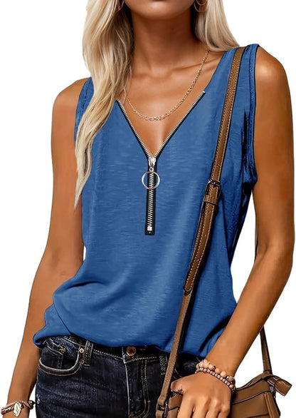 Halife Womens Half Zip V Neck Tank Tops Summer Sleeveless Shirts Casual Loose Top Blouses T Shirts
