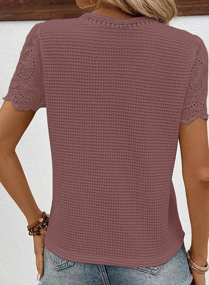 SHEWIN Womens Frenchy Summer Tops Crewneck Short Sleeve T Shirts Casual Waffle Knit Jacquard Blouses Top Shirts