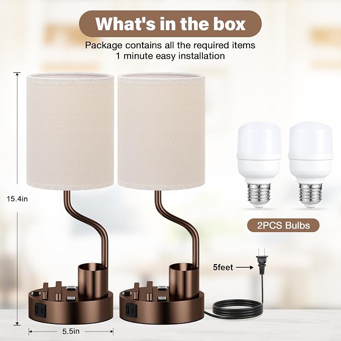 Fenmzee Bedside Lamps for Bedroom Set of 2 - Table Desk Lamp for Nightstand | 15" Table Lamp for Living Room with Pen Holder & Phone Stand, USB A+C Port, AC Outlet, 3 Color Temperature, LED Bulb Included