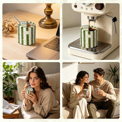 10 oz Ceramic Coffee Mug with Sip Hole & Silicone Sleeve, Green | Cute Hand-Painted Striped Porcelain, Gift for Coffee Lover, Cold & Hot Drinks, Microwave & Dishwasher Safe