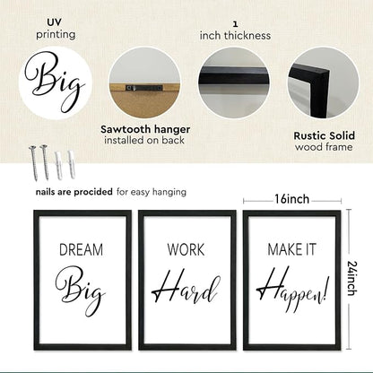 Motivational Wall Art for Office Decor 16x24–Wood Frame Set of 3, Dream Big | Work Hard Make It Happen Sign，Home Office，Black Frame