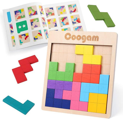 Coogam Wooden Puzzle Pattern Blocks Brain Teasers Game with 60 Challenges, 3D Russian Building Toy Wood Tangram Shape Jigsaw Puzzles Montessori STEM Educational Toys Gift for Kids Adults