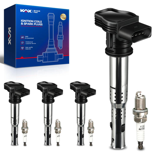 KAX 4-Pack Ignition Coils and Iridium Spark Plug Set for Audi A3 A4 A5 A6 Q5 R8 TT TTS RS4 RS5 allroad, Volkswagen Jetta Passat