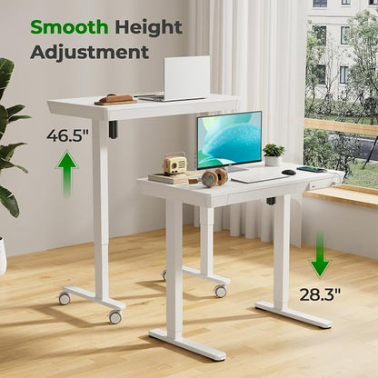 35" Electric Standing Desk with Drawer, 4 Lockable Wheels | Height Adjustable Quick Install One-Piece Tabletop with USB Charging Port, Small Sit to Stand up Desk for Home Office, White