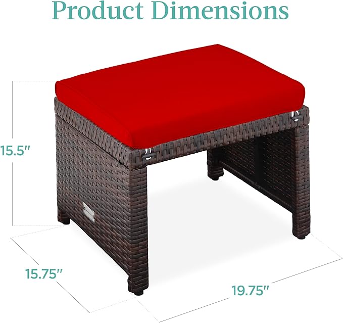 Best Choice Products Set of 2 Wicker Ottomans, Multipurpose Outdoor Furniture for Patio, Backyard, Additional Seating, Footrest, Side Table w/Removable Cushions, Steel Frame - Brown/Red
