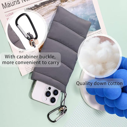 Lyreh Thermal Phone Pouch, Down Cotton Warm Phone Case Cover Bags Prevents Freezing & Overheating Protector Cellphone Pouch with Carabiner Ideal for Outdoor Camping Hiking Skiing (Grey)