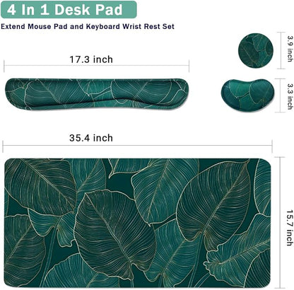 Ergonomic Large Mouse Pad and Keyboard Wrist Rest, Desk Pad for Keyboard and Mouse, 4-in-1 Large Gaming Mouse Pad with Wrist Support for Home Office Study Game-Green Leaves