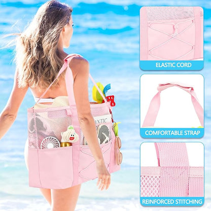 Fammart Mesh Beach Bag for Women, Large Beach Toy Pool Bag with Zipper Pocket, SandProof Cruise Essentials 2026 Family Travel