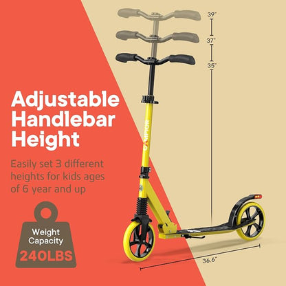 Campior Kick Scooter for Ages 6+, for Kids, Teens, and Adults, Max Load 240 LBS, Foldable, 8-inch Big Wheels for Kids and Adults, with Kickstand, 3 Adjustable Levels, Child Safety Approved, Yellow