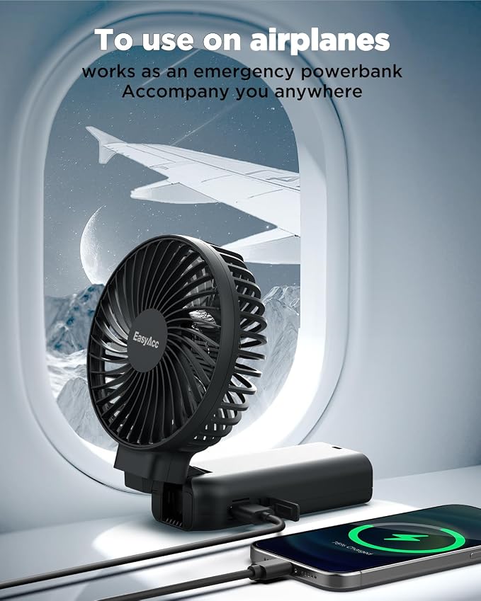 EasyAcc Portable Handheld Fan, 9000mAh + 53H Cooling Time+ ODM Durrable + with Hands-Free Camera Strap + Backup Power + 4 Speeds, Rechargeable Handheld Fan for Travel Outdoor