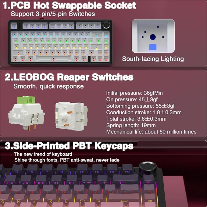 AULA F75 Pro Wireless Mechanical Keyboard,75% Hot Swappable Custom Keyboard,RGB Backlit,Pre-lubed Reaper Switches,Side Printed PBT Keycaps Mechanical Gaming Keyboards, Pink&Black