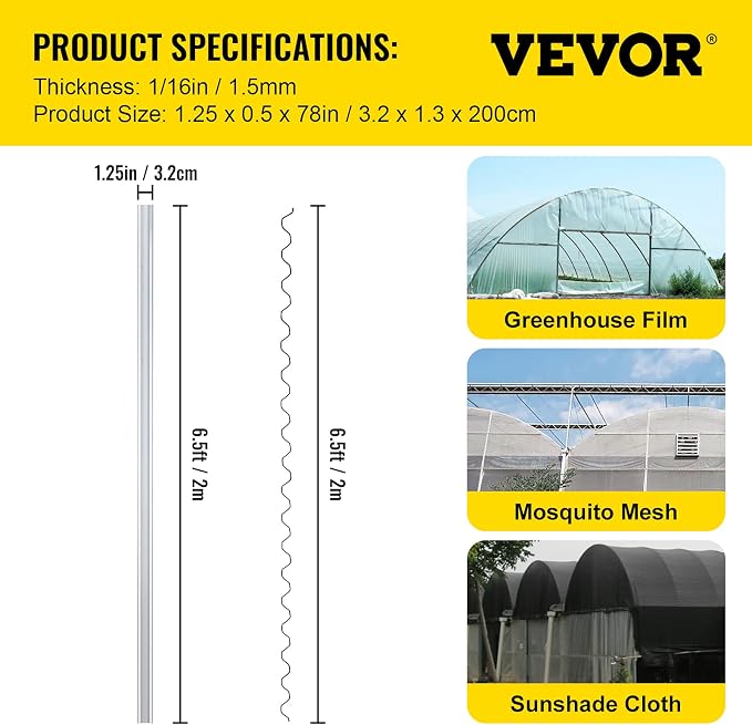 VEVOR Greenhouse Spring Wire and Lock Channel 40 Packs, 6.56 ft PE Coated Aluminum Alloy Bundle Kit, Plastic Poly Film or Shade Cloth Attachment w/Screws, Silver