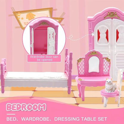 36Pcs Dollhouse Furniture Sets,Miniature 1:12 Scale Doll House Accessories and Furniture with Cat,Dog,Kitchen, Dining Room, Living Room,Bedroom for Playhouse Toy(Pink)