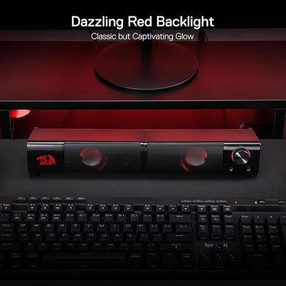 Redragon GS550 PC Gaming Speakers 2.0 Channel Stereo Enhanced Sound, Black | Compact Maneuverable Size, Headphone Jack, Decent Red Backlight, Plug & Play USB Powered Desktop Computer Speaker
