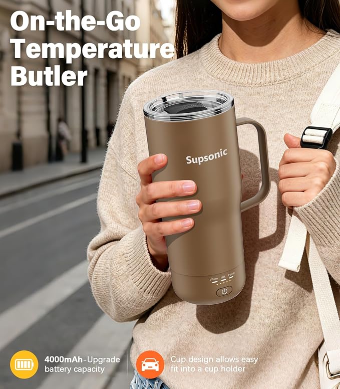 Supsonic Heated Coffee Mug Rechargeable, 20oz Long-Lasting Battery (S3) | Dry-burn protection, 2Hr auto-off, 3-Temp settings, Constant temperature, Inner stainless steel, Warm gift for men women
