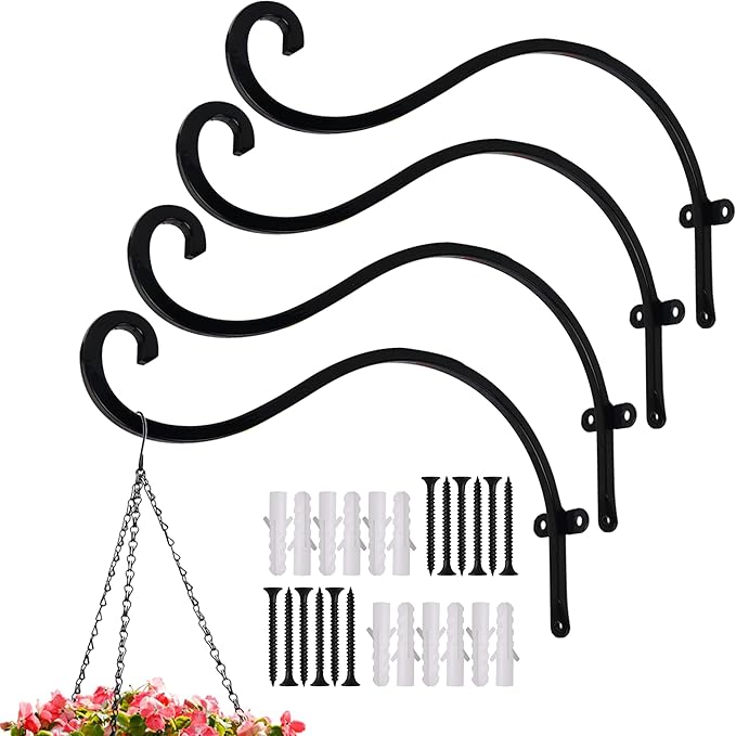 Hourleey 4 Pack Plant Hanger Outdoor, 12 Inch Heavy-Duty Hanging Plant Hook for Outside Basket, Black Metal Wall Mount Plant Bracket Hook for Flower Baskets Bird Feeder