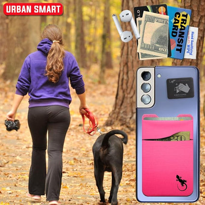 Gecko Travel Tech Double Pocket - Adhesive Card Holder - Cell Phone Pouch - Stick on Spandex Pocket - Carry Credit Cards and Cash (PINK BLACK)