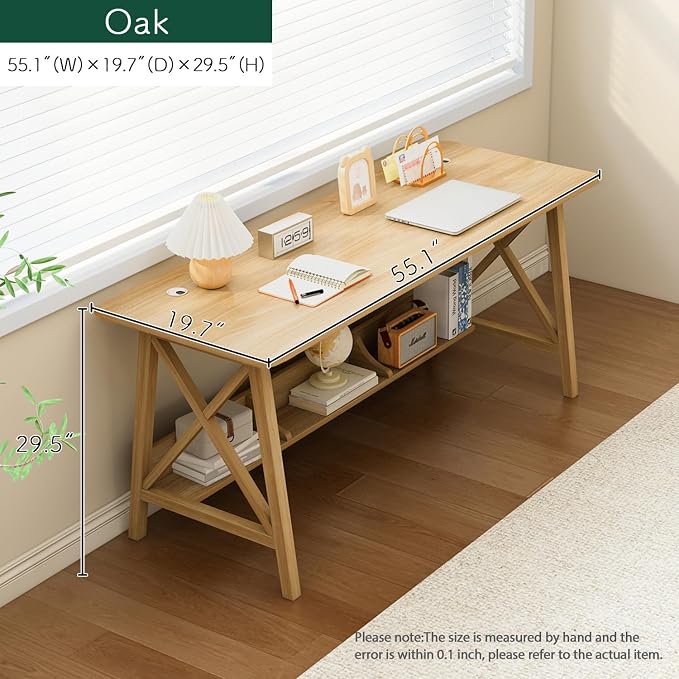 NELYE Extra Long Writing Desk with Bookshelf, 55" Wx20 Dx30 H, Oak | Wooden Home Office Work Study Table, Computer Gaming Workstation with Storage Shelf, Sturdy MDF Resists Wobble