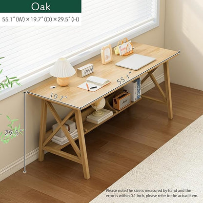 NELYE Extra Long Writing Desk with Bookshelf, 55" Wx20 Dx30 H, Oak | Wooden Home Office Work Study Table, Computer Gaming Workstation with Storage Shelf, Sturdy MDF Resists Wobble