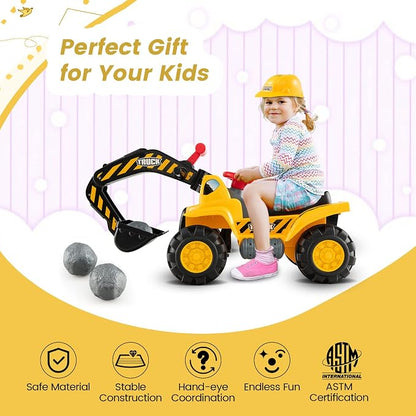Costzon Kids Ride on Construction Excavator, Kids Digger Scooper Tractor Toy W/Safety Helmet, Rocks, Horn, Underneath Storage, Moving Forward/Backward, Push Car Gift for Boys Girls (Push Excavator)