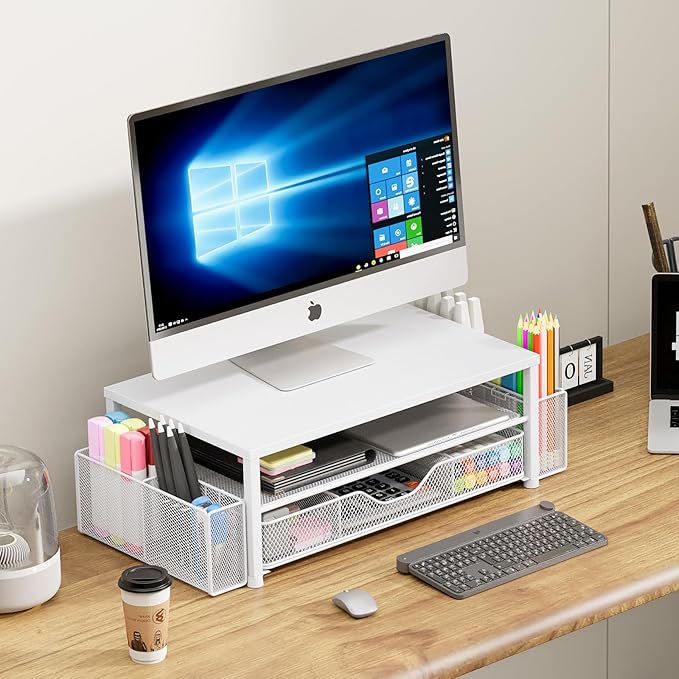 OPNICE Desk Organizers and Accessories, 2-Tier Computer Monitor Stand Riser with Drawer and 2 Pen Holders, Laptop Stand, Office Desk Accessories for Office Supplies, White
