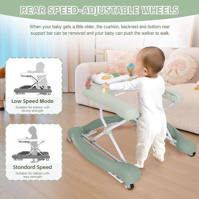 5 in 1 Foldable Baby Walker,Activity Baby Walker-Baby Bouncer,Rocker,Activity Center,Seat and Push Walker,Detachable Footrest Mat,Adjustable Speed Rear Wheels and Height,Ages 6-18 Months (Light Green)