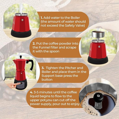 Electric Aluminum Moka Pot 3-6 Cup 150-270ml Espresso Maker | with Detachable Base Ideal Coffee Makers for Home MochaPot Italian and Cuban Café Coffeemaker Espressomaker CoffeePot Red