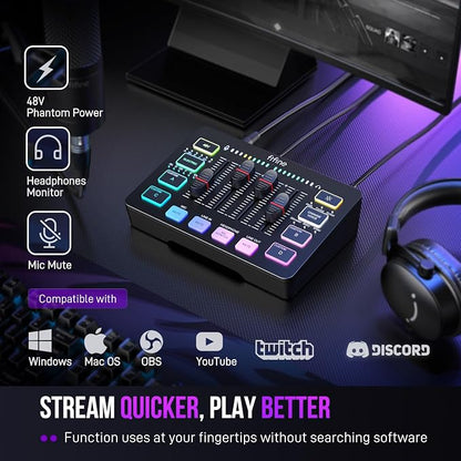 FIFINE Gaming Audio Mixer, Streaming RGB PC Mixer with XLR Microphone Interface, Individual Control, Volume Fader, Mute Button, 48V Phantom Power, for Podcast/Recording/Vocal/Game Voice-AmpliGame SC3 | USB PnP For PC,Mute Button,XLR Preamp,RGB,Voice ch...