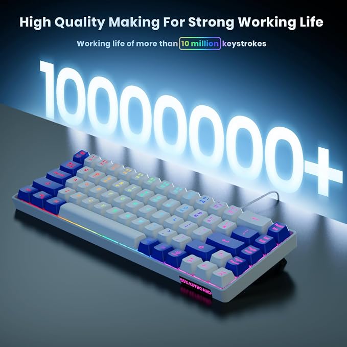 GEODMAER 65% Gaming Keyboard, LED Backlit Mini Wired Keyboard, Ultra-Compact Anti-Ghosting No-Conflict 68 Keys Membrane Gaming Wired Keyboard for PC Laptop Windows Gamer(White-Blue)