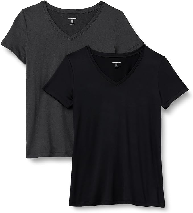 Amazon Essentials Women's Active Quick Dry Tech Stretch Short-Sleeve V-Neck T-Shirt (Available in Plus Size), Pack of 2