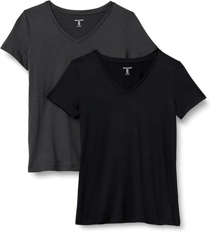 Amazon Essentials Women's Active Quick Dry Tech Stretch Short-Sleeve V-Neck T-Shirt (Available in Plus Size), Pack of 2