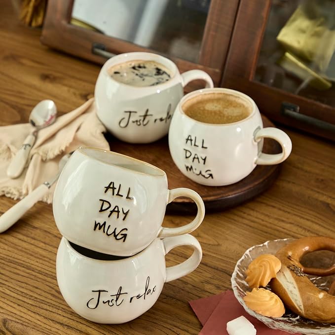 Ceramic Coffee Mugs Set, Just Relax and All Day Design, large capacity heat-resistant handle, Great for Tea Hot Chocolate, Microwave Safe, Modern, Unique Style for Any Kitchen-4pack