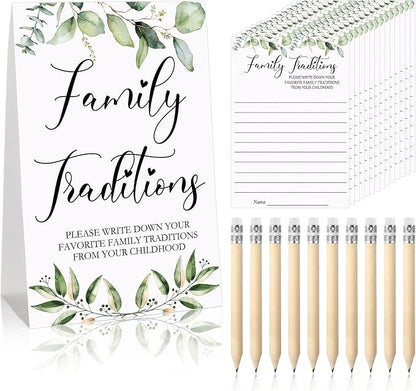 Fumete 61 Pieces Family Tradition Baby Shower Games Include 1 Family Traditions Standing Sign and 50 Activities Cards with 10 Pencils for Gender Reveal Bridal Shower Wedding(Green,Greenery)