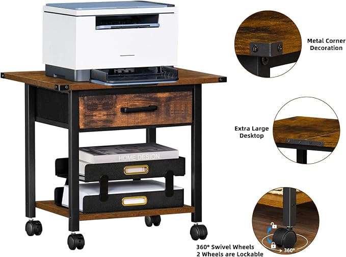 Lerliuo Under Desk Rolling Printer Stand with Drawer, 2-Tier Industrial Mobile Printer Table Desk with Storage Shelf and Steel Frame, Printer Cart Holder with Lockable Wheels for Home, Office (Brown)