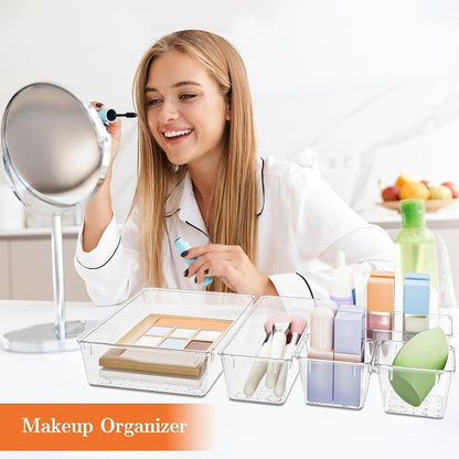 SpaceHacks 25 PCS Plastic Drawer Organizer Set, 4-Size Versatile Organizer Trays & storage Bins for Makeup, Jewelry, and Gadgets in Bathroom, Bedroom and Office,Clear White