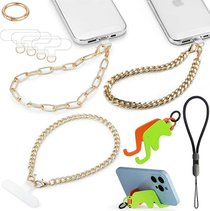 3 pcs Phone Charm with Gold Metal Chain Detachable Lanyard Hand Wrist Smartphone Strap Finger Grip Strap with 4 Patches Tether CellPhone Stand Holder Universal for iPhone 17 16 Pro Max Charms
